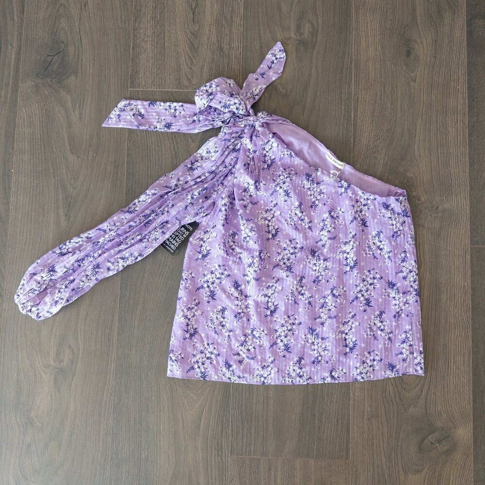 NWT Ulla Johnson Enid Lilac Purple Floral One Shoulder Bow Top Blouse, Size 0 - Picture 3 of 9